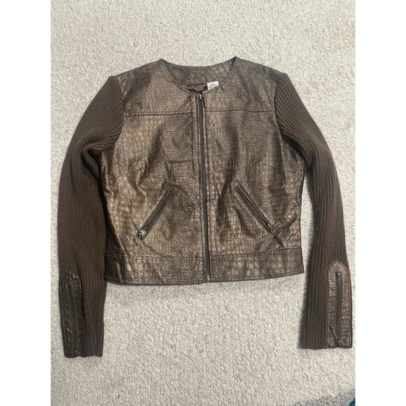 P Phosphorus Womens M Leather Reptile Embossed Knit Sleeve Bomber Jacket Brown - Picture 1 of 10